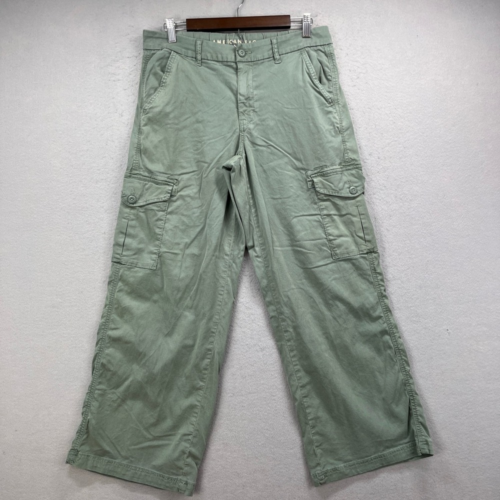 American Eagle Cargo Pants Women 8 Army Green Mid Rise Baggy Wide Leg Utility